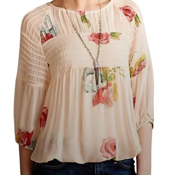 One Fine Day Anthropologie Rayon Tea Rose Semi Sheer Blouse I Size: XS - Picture 1 of 9